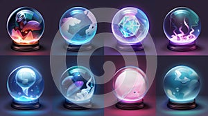 Magic crystal balls for fortune telling and future prediction, glowing orbs with plasma and mystical fog, isolated