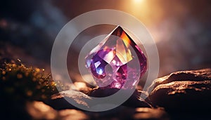 Magic crystal. Glowing colored crystal. Sparkling mystical stone. Crystal in a mysterious cave. AI generated