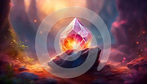 Magic crystal. Glowing colored crystal. Sparkling mystical stone. Crystal in a mysterious cave. AI generated
