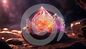 Magic crystal. Glowing crystal. Sparkling mystical crystal in a mysterious cave. AI generated