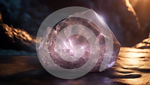 Magic crystal. Glowing purple crystal. Sparkling mystical stone. Crystal in a mysterious cave. AI generated