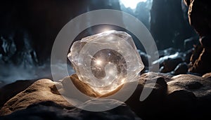 Magic crystal. Glowing white crystal. Sparkling mystical stone. Crystal in a mysterious cave. AI generated