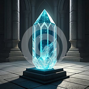 Magic crystal on a pedestal in a Gothic interior. 3D rendering