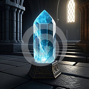 Magic crystal on a pedestal in a Gothic interior. 3D rendering