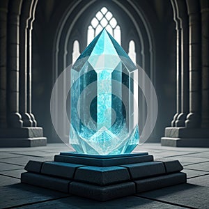 Magic crystal on a pedestal in a Gothic interior. 3D rendering