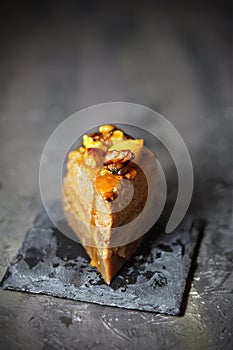 Magic Custard Cake with Walnuts, Quince and Salted Caramel Sauce