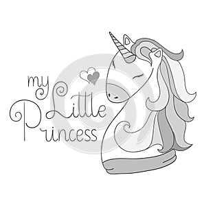 Magic cute baby unicorn, my little princess quote poster, greeting card, vector illustration with outline for kids print