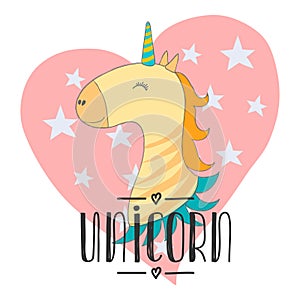 Magic cute baby unicorn, stars poster, greeting card, vector illustration with outline for kids print clothing and poster