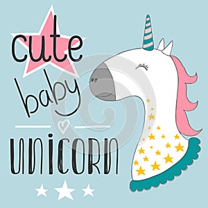 Magic cute baby unicorn, stars poster, greeting card, vector illustration with outline for kids print clothing and poster