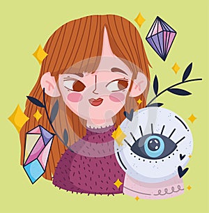 Magic cute girl with crystal ball and lucky cartoon