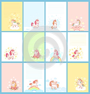 Magic cute unicorn cartoon template for birthday calendar, girl journal card, children note or planner for kids. Cards vector set