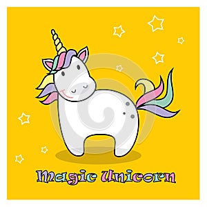 Magic cute unicorn poster, greeting card, vector illustration.Cute magic cartoon fantasy cute animal. Rainbow hair. Dream symbol.