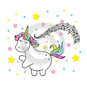 Magic cute unicorn stars and rainbow. Poster greeting card illustration with outline.