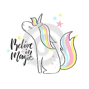 Magic cute unicorn.Vector illustration. Belive in Magic hand lettering sign.