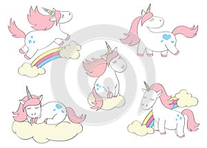 Magic cute unicorns set in cartoon style. Doodle unicorns for cards, posters, t-shirt prints