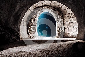 Magic dark portal in ancient stone arch fairytale background. Mysterious place with birck wall and way to other world