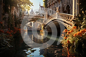 Magic Dawn in the Tower of Elderra, Crystal Bridge, Sereno River and Floral Beauty., generative IA photo