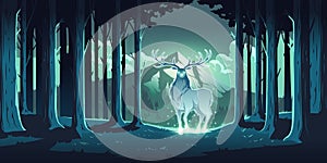 Magic deer in night forest, mystical glowing stag