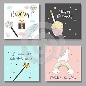 Magic design cards set with unicorn, rainbow, hearts, clouds