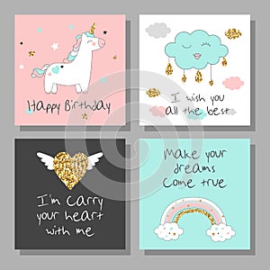 Magic design cards set with unicorn, rainbow, hearts, clouds