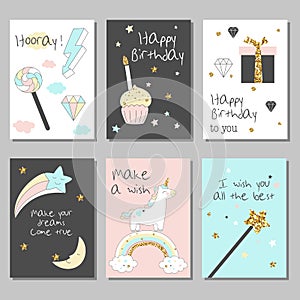 Magic design cards set with unicorn, rainbow, hearts, clouds and others elements.