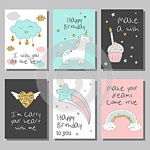 Magic design cards set with unicorn, rainbow, hearts, clouds and others elements.