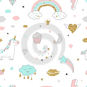 Magic design seamless pattern with unicorn, rainbow, hearts, clouds and others elements.