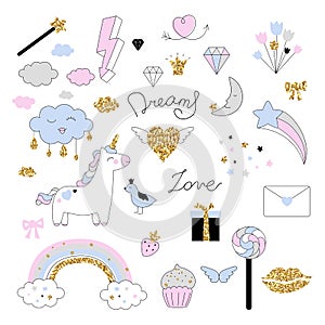 Magic design set with unicorn, rainbow, hearts, clouds and others elements.