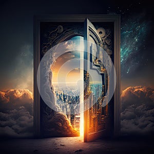 Magic door in clouds from heaven to modern world. Opened house door and futuristic city beyond. Future life, dream