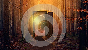 Magic door and path in autumn forest