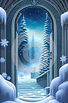 Magic door to another dimension with winter landscape illustration. Generative Ai