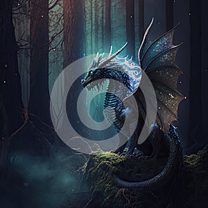 A magic dragon in a dark misty forest with dramatic phantasmal iridescent lighting, ai generated