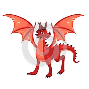 Magic Dragon. Fantasy colorful winged red creature. Medieval fairy tail animal, fire-breathing mythical reptile, flying
