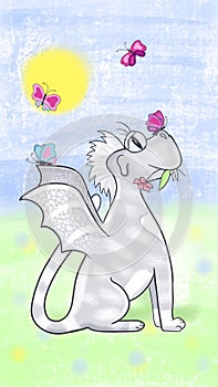 Magic dragon. Magic cat. Fantasy animal, children's drawing, cute dragon cat. Cartoon character illustration dragon