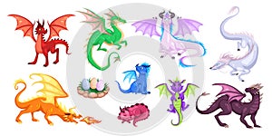 Magic dragons. Fantasy funny creatures, big flying fairy animals, fire-breathing legendary characters, adults and babies