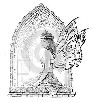 Magic dreamland. Pencil drawing. Beautiful fantasy Celtic fairy sitting near Gothic window. Illustration for an old medieval photo