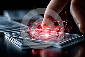 Magic effects with playing cards and a glowing energy circle during a card trick performance