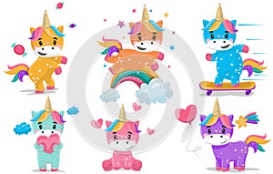 Magic fairy little pony fantasy unicorns cartoon vector illustration set