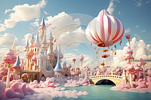 Magic fairy tale castle in the sky. 3D Rendering, A playful carnival with fluffy cotton candy clouds and colorful ferris wheel, AI