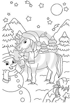 Magic fairy unicorn and snowman with gifts. Cute horse. Coloring book page for kids. Cartoon style character. Vector illustration