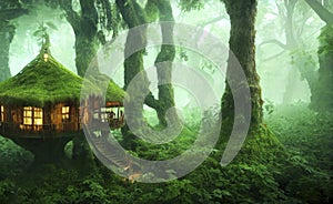 Magic fairytale tree house in a forest, generative AI