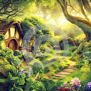 Magic fairytale tree house in hobbit forest land in sunshine, generative AI