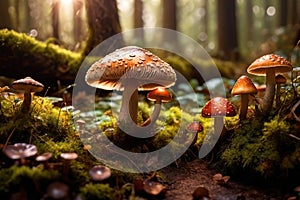 Magic fantasy mushrooms toadstools in enchanted forest photo