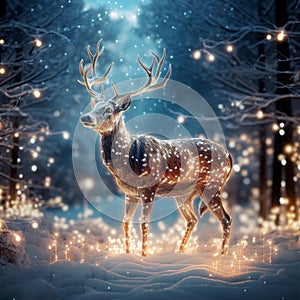 Magic festive reindeer covered in glowing lights.