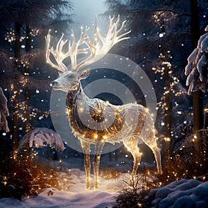 Magic festive reindeer covered in glowing lights. Christmas background