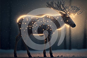 A magic festive reindeer covered in glowing lights in a winter scene. Generative AI