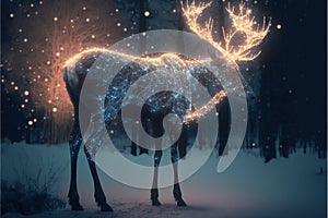 A magic festive reindeer covered in glowing lights in a winter scene. Generative AI