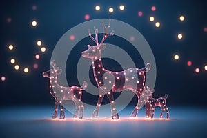 A magic festive reindeer family covered in glowing lights, in a winter scene Ai generated