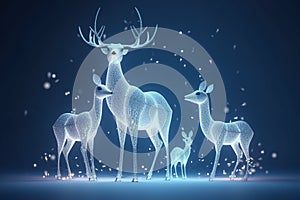 A magic festive reindeer family covered in glowing lights, in a winter scene Ai generated