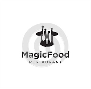 Magic Food Logo Vintage Hipster Retro, fork and spoon food in magic hat logo Design Template.